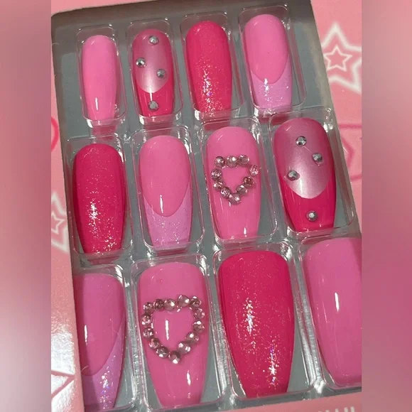 SWEET SOCIETY Pink Rhinestone Jeweled Coffin Shaped Press On Nails Manicure Set - Picture 2 of 5